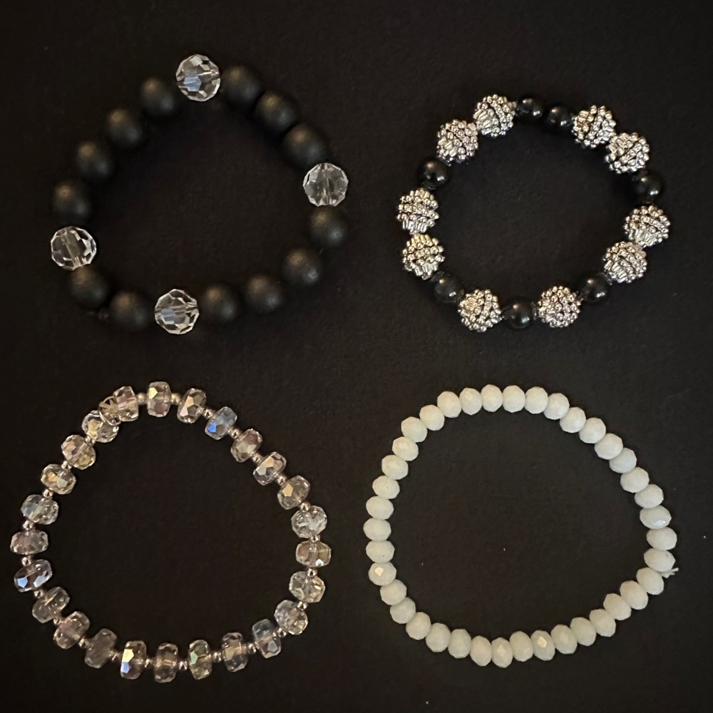 Handmade Stretch Bracelets- Black, Silver and White